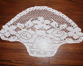 Vintage Filet Crochet Doily Flower Basket Table Topper White