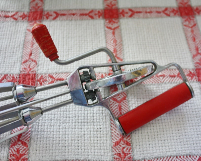 Vintage Rotary Egg Beater Hand Mixer Red Handle Maynard