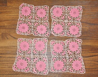 4 Pink Crocheted Doilies Granny Squares Roses Irish Crochet