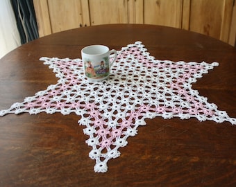 Crocheted Large Doily Centerpiece Star Shaped Pink White 30 Inches