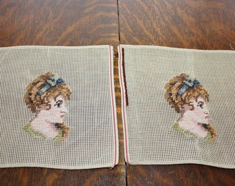 Pair Needlepoint on Canvas Tapestry Pictures Victorian Woman Portrait Unframed