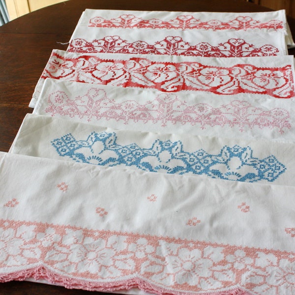 6 Embroidered Cotton Pillowcases Lot of Six Vintage