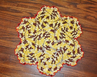 Vintage Crocheted Doily Yellow Brown Red 17"