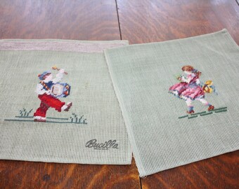 Pair Needlepoint on Canvas Tapestry Pictures Children Drummer Boy Flower Girl Bucilla