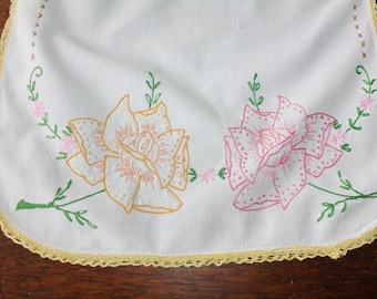 Embroidered Dresser Scarf Table Runner Pink Yellow Roses Vintage