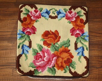 Vintage Needlepoint Pillow Cover Floral Wool on Canvas Zippered Cushion Cover Cross Stitch Brown Yellow Roses