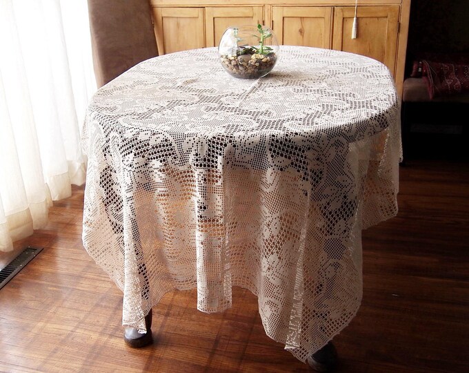 Antique Handmade Lace Tablecloth Ecru Filet Crochet Large 56 X Etsy
