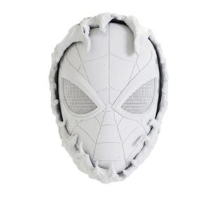 May include: A white, full-face mask featuring a textured web pattern across the surface and large, mesh-covered eye openings. The perimeter of the mask is surrounded by a sculpted, organic, flame-like or liquid-like border detail.