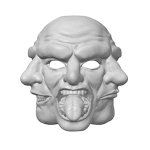 May include: A light gray mask featuring three distinct faces merged into one structure. The central face has an open mouth with a protruding tongue and visible teeth. Two additional faces are positioned on the sides, each with a nose and mouth.