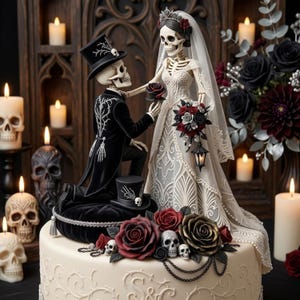 May include: A wedding cake topper featuring two skeleton figures. One skeleton wears a black tailcoat and top hat, kneeling on a black velvet cushion. The other skeleton wears a white lace gown and veil, holding a dark red rose and a lantern.