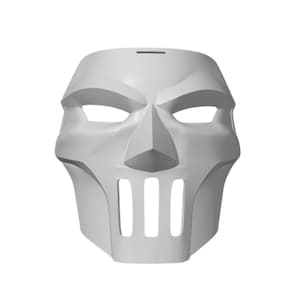 May include: A matte light gray full-face mask featuring a sharp, angular design with a prominent triangular nose bridge, wide eye openings, and three vertical rectangular cutouts positioned over the mouth area for ventilation and visibility.