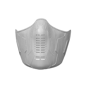 May include: A light gray face mask featuring a textured honeycomb pattern across the sides and a smooth, raised central panel. The central section includes a series of horizontal ventilation slits arranged in a vertical column for airflow.
