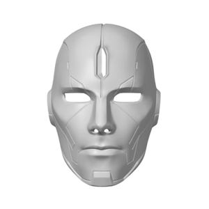 May include: A light gray, smooth-surfaced full-face mask featuring a stylized, robotic aesthetic with geometric panel lines, almond-shaped eye cutouts, a central vertical forehead indentation, and a defined chin piece with a rectangular notch.