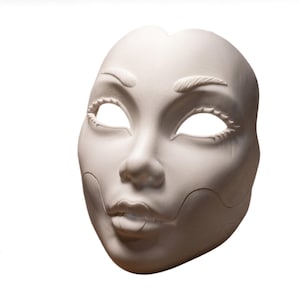 May include: A smooth, off-white, matte-finish face mask featuring sculpted eyebrows, almond-shaped eye cutouts with detailed lash textures, a defined nose, and a distinct jawline seam that separates the lower chin area from the upper face.