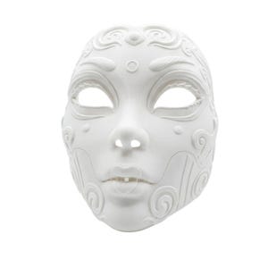 May include: A matte white face mask featuring intricate raised scrollwork and swirl patterns across the forehead, cheeks, and chin. The mask has almond-shaped eye openings, a defined nose, and sculpted lips with a small gap between them.