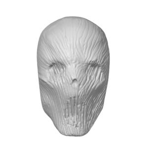 May include: A white, textured mask featuring a smooth, rounded cranium that transitions into deep, vertical grooves covering the entire surface. The mask includes recessed, elongated eye sockets and a small, vertical opening for the mouth area.