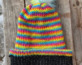 KNIT REVERSIBLE HAT- Rainbow Wave, knit hat, faux Pom hat, knit beanie, reversible beanie, handmade hat, winter hat, hippie hat, boho hat