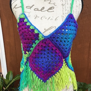 Grandma square FESTIVAL CROP TOP- Neon Blues, crochet festival top, Grandma square top, ropa de festival, crop top ajustable, ooak