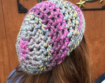 CROCHET SLOUCHY BEANIE- Pink Jazz, wool/acrylic blend waffle cone slouchy beanie, hippie hat, winter hat, crochet beanie, crochet hat