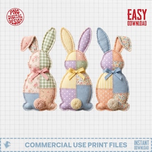 Può includere: Tre decorazioni di coniglietti in tessuto colorato con disegni patchwork. Ogni coniglietto ha lunghe orecchie, un fiocco e una coda a pompon. I coniglietti sono in colori pastello, tra cui rosa, verde, giallo e blu. L'immagine include il testo "PNG DIGITAL DESIGN" e "EASY DOWNLOAD".