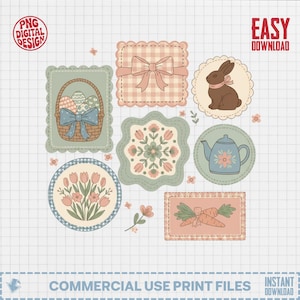 Può includere: Una collezione di design digitali a tema pasquale dai colori pastello. I design includono un coniglietto, uova di Pasqua in un cestino, una teiera, fiori, carote e un fiocco. I design sono etichettati con il testo "PNG DIGITAL DESIGN", "EASY DOWNLOAD", "COMMERCIAL USE PRINT FILES" e "INSTANT DOWNLOAD".