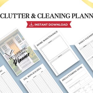 Pode incluir: Um conjunto de páginas de planeamento de limpeza e organização para impressão. O título "DECLUTTER & CLEANING PLANNER" é exibido no topo, com "INSTANT DOWNLOAD" abaixo. As páginas incluem secções para limpeza rápida, manutenção da casa e limpeza diária.