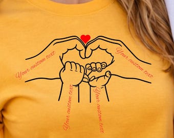 Personalized Family Shirt Heart Hands Parents Kids, Custom T-shirt with Names, Family Gift Line Art, Minimalist Matching Tee
