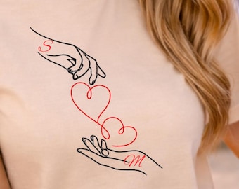Custom Initials Couple Shirt Minimalist Heart Hands Design Romantic Anniversary Gift Matching Wedding Tee