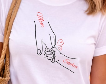 Personalized Mother Daughter Shirt Matching Mom And Kid Outfit Custom Name Minimalist Hands Design Mothers Day Gift Idea