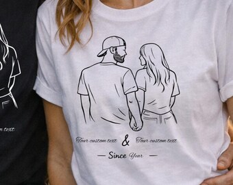 Personalized Couple TShirt Custom Names Year Romantic Anniversary Shirt Minimal Drawing Holding Hands Gift For Him Her