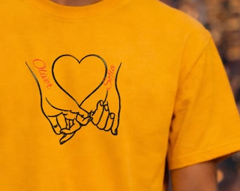 Personalized Couple T Shirt Hands Heart Line Art Custom Text Romantic Anniversary Gift Minimal Love Shirt