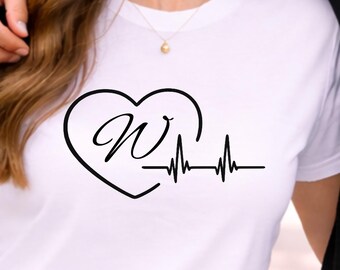 Personalized Heartbeat Shirt With Initial Modern Love Tee Couple Matching Gift Minimal ECG Design Romantic Present