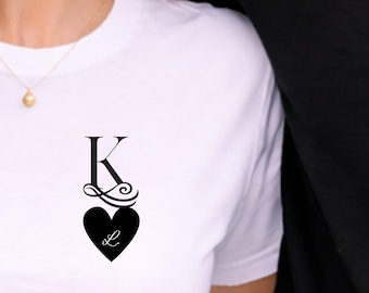 Personalized Initial T Shirt With Heart Minimal Couple Tee Custom Monogram Shirt Romantic Gift For Anniversary