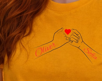 Personalized Couple T Shirt Custom Text Hands Heart Romantic Gift Anniversary Matching Love Tee