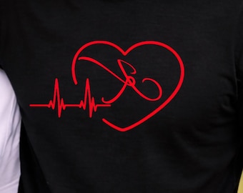 Personalized Heartbeat Shirt Custom Initial Love Tee Couple Matching Gift Modern Romantic ECG Design Anniversary