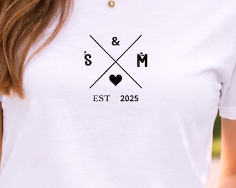 Personalized Couple T Shirt With Initials And Date Minimal Love Design Custom Anniversary Gift Romantic Matching Tee