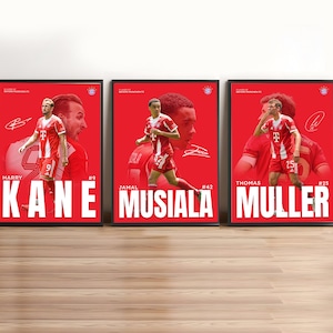 Kane, Muller, Musiala Bayern Munich Poster, Bayern Munchen Poster, Set of 3, Gift Poster, Printable Sport Wall Art, Poster A3, Soccer Print