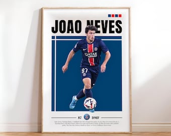 Joao Neves PSG Poster, Paris Saint German Poster, PSG Poster Print Art, Gift Poster, Printable A3 Sport Wall Art, Poster A3, Soccer Print