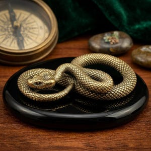 Puede incluir: Una figura de serpiente de latón enrollada con escamas detalladas y una superficie texturizada, que descansa sobre una base negra circular lisa. La serpiente se muestra en posición de reposo con la cabeza ligeramente levantada.