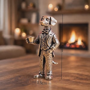 May include: A metallic bronze-toned figurine of an anthropomorphic dog dressed in a formal suit with a bowtie, holding a small cup. The figure features a textured surface and stands 4.5 cm tall with a base width of 1.5 cm, as indicated by markings.
