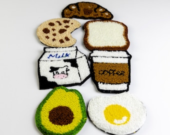 Breakfast Theme Punch Needle Coasters – 8-Piece Funny Food Mug Rugs – Cute Coffee Kitchen Decor – Avocado Toast Gift Set
