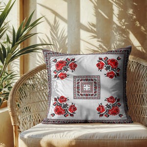 Vintage Floral Pillow Cover – Red Rose Embroidered Cushion, Folk Art Style, Boho Sofa Decor 18x18