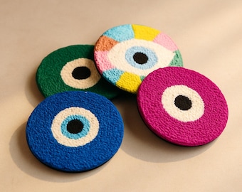 Punch Needle Coaster Set, Colorful Mug Rugs, Eye Pattern Cup Coasters – Coffee Table Decor, Gift for Her, Modern Coquette Home Accessory