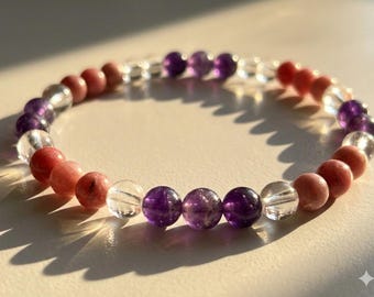 Pulsera de cristal bendecida con Reiki: amatista, rodonita y cuarzo transparente - El Vidente Gentil