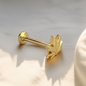 14K Solid Gold Cannabis Leaf Stud Piercing – Minimal Marijuana Earring with Screw Back