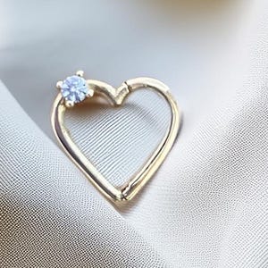 Piercing CZ en forme de coeur en or massif 14 carats, anneau de nez zircone cubique, cerceau de cartilage coeur, anneau de septum hypoallergénique, bague hélix CZ