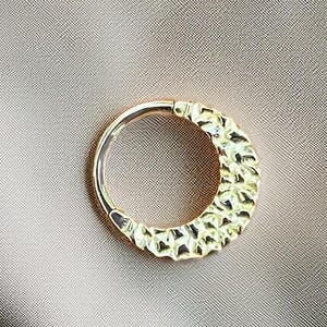 14K Solid Gold Hammered Hoop Piercing, Hinge Closure Cartilage Earring, Septum & Daith Ring