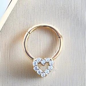 Piercing CZ coeur en or massif 14 carats - Elégant anneau de nez en zircone cubique, cerceau de septum, piercing du cartilage, bijoux hypoallergéniques