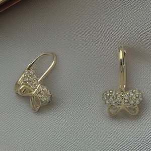 14K Solid gold butterfly Leverback Earrings, white gold leverback earrings, drop Earrings
