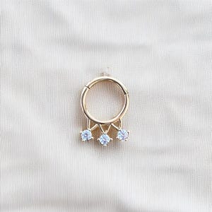 14K Solid Gold Diamond Style CZ Hoop Piercing, potrójny kamienny kolczyk do nosa, kolczyk do przegrody nosowej, kolczyk do chrząstki, kolczyk do helisy